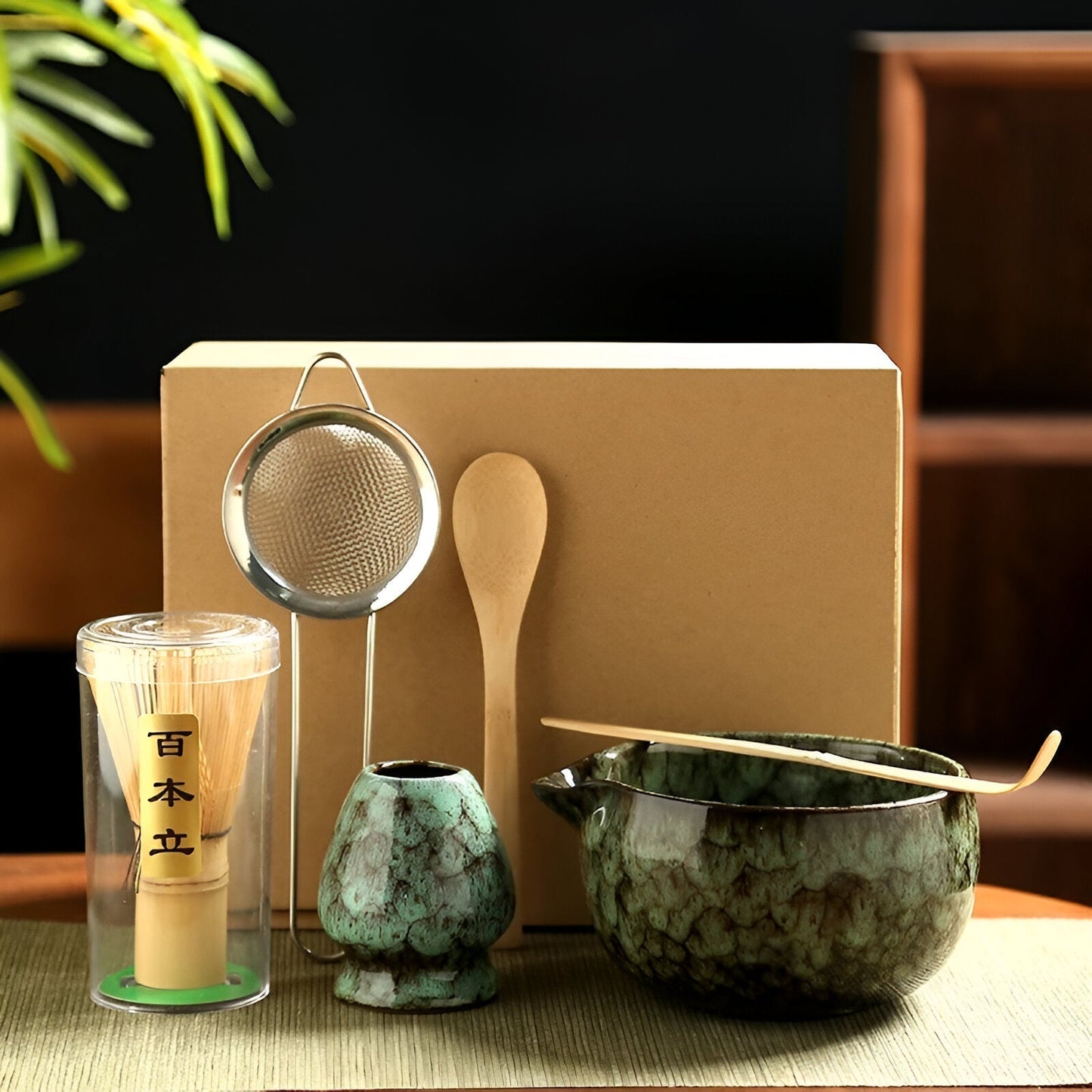 Fitlybuy 6-piece matcha set with green ceramic bowl, whisk holder, bamboo whisk, scoop, strainer, and gift box.