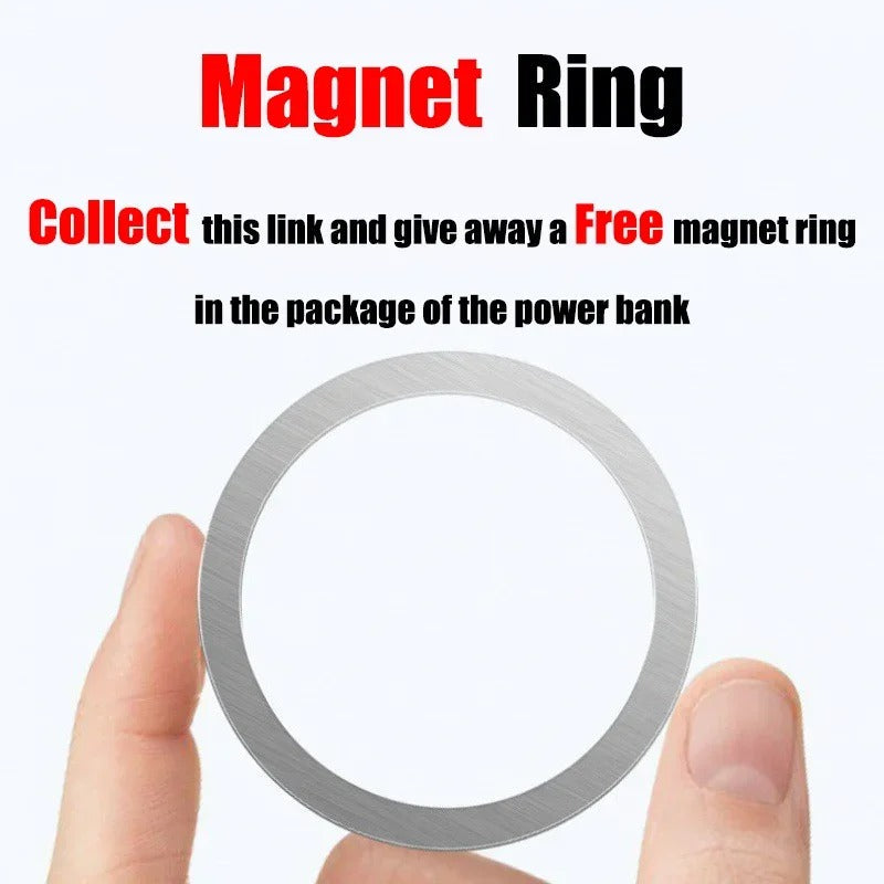 Fingers holding a thin, silver metallic magnetic ring for Fitlybuy FasterCharge Pro power bank promotion.