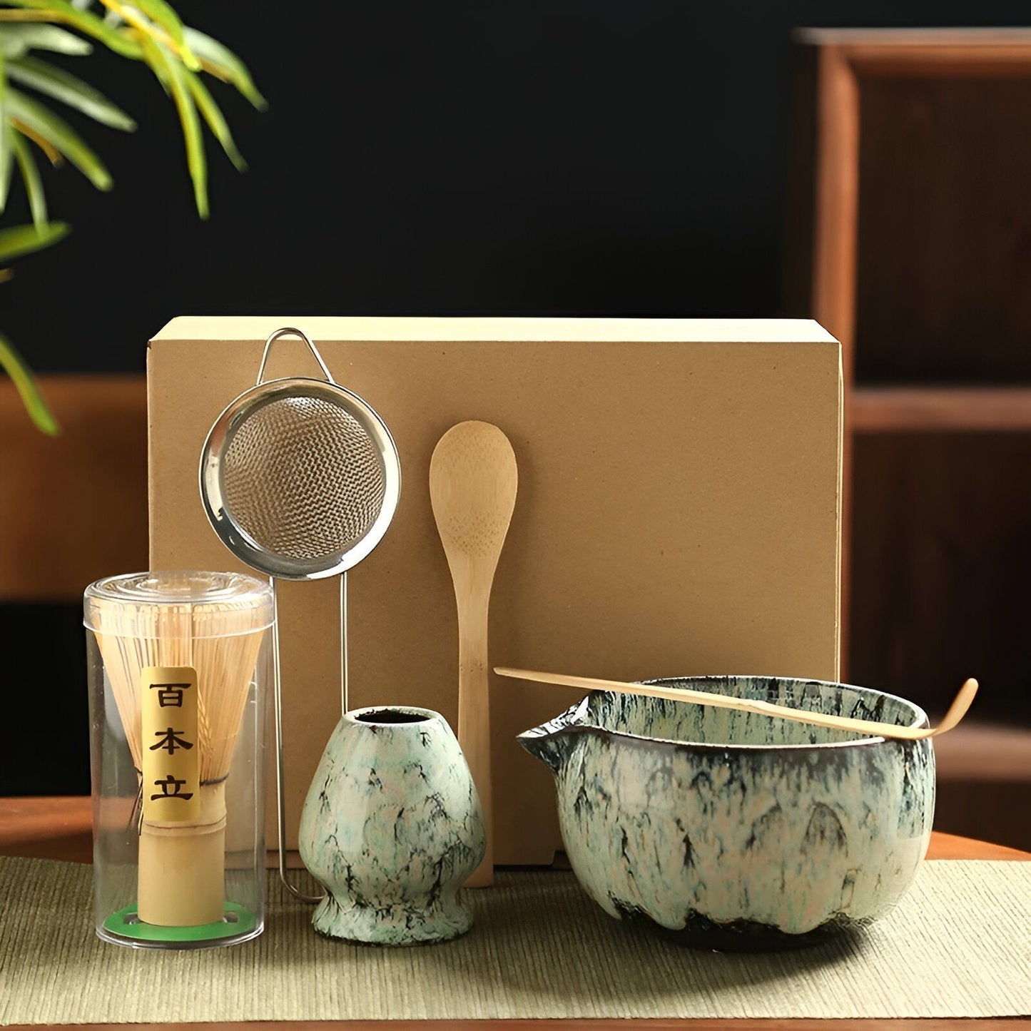 Fitlybuy 6-piece Japanese matcha set featuring a ceramic bowl and whisk holder, bamboo scoop, whisk, and metal strainer.