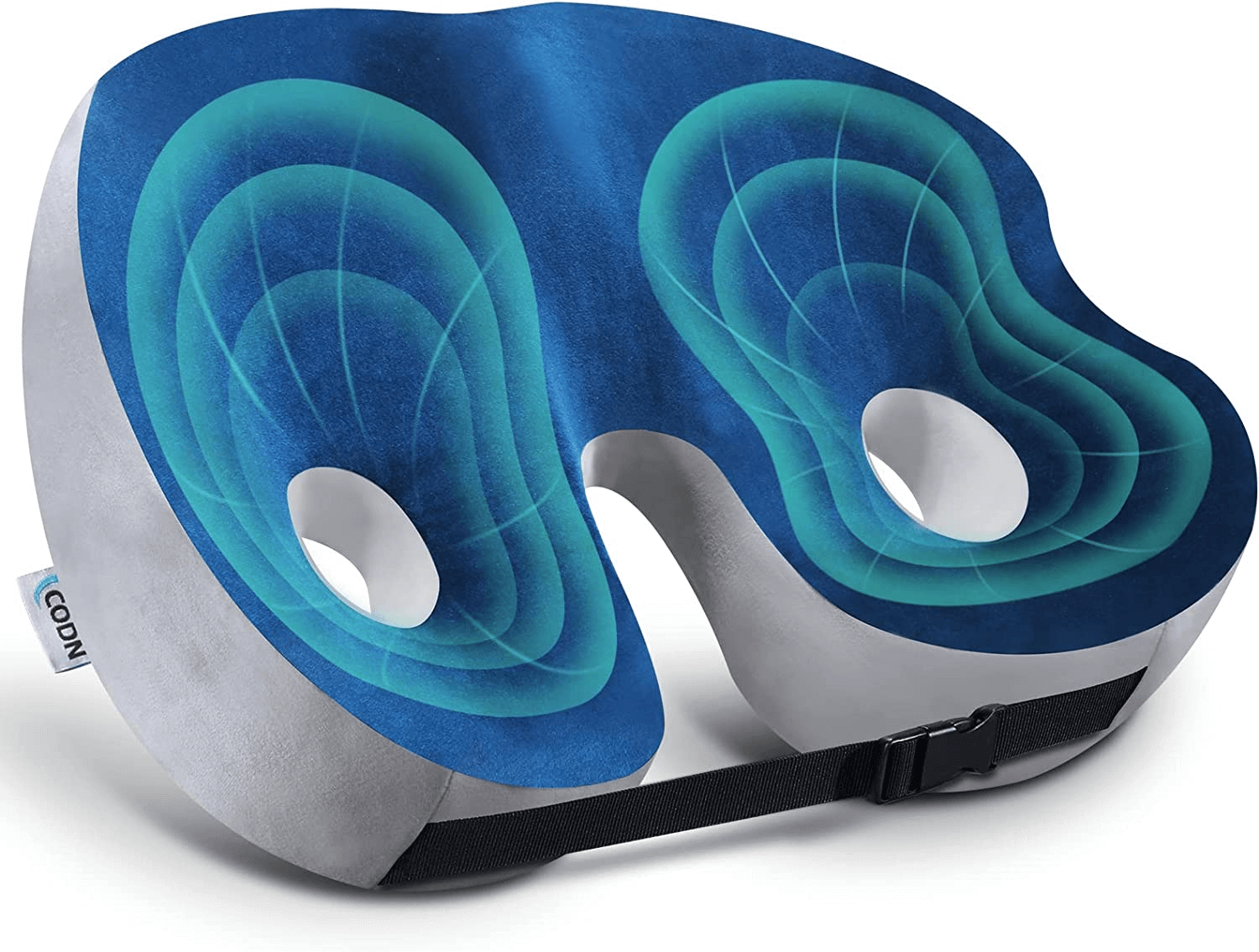 Blue ergonomic sciatica relief cushion with cutouts, grey sides, and a black adjustable strap on a white background.
