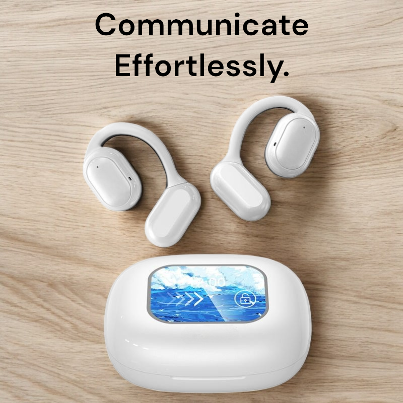 White Fitlybuy SmartSpeak AI translator ear hooks and charging case with digital display on wooden background.
