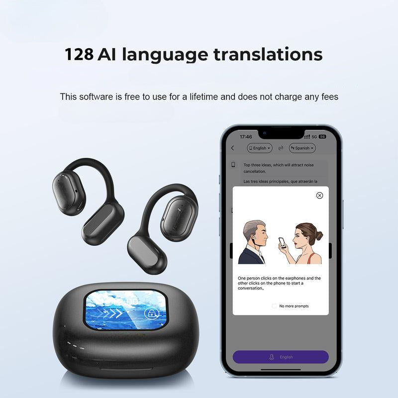 Fitlybuy SmartSpeak AI translation earbuds with charging case and smartphone app showing live language translation interface.