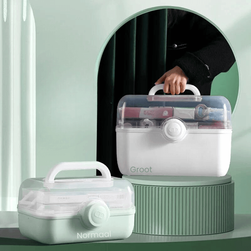 Fitlybuy MediSmart: Two portable white and light green medical storage cases with clear lids on a tiered display.