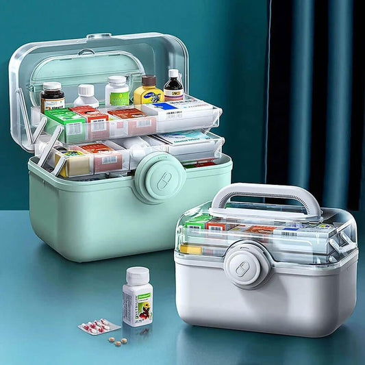 Fitlybuy MediSmart: Mint and white multi-tier pill organizers with clear lids, holding medicine bottles and supplies.
