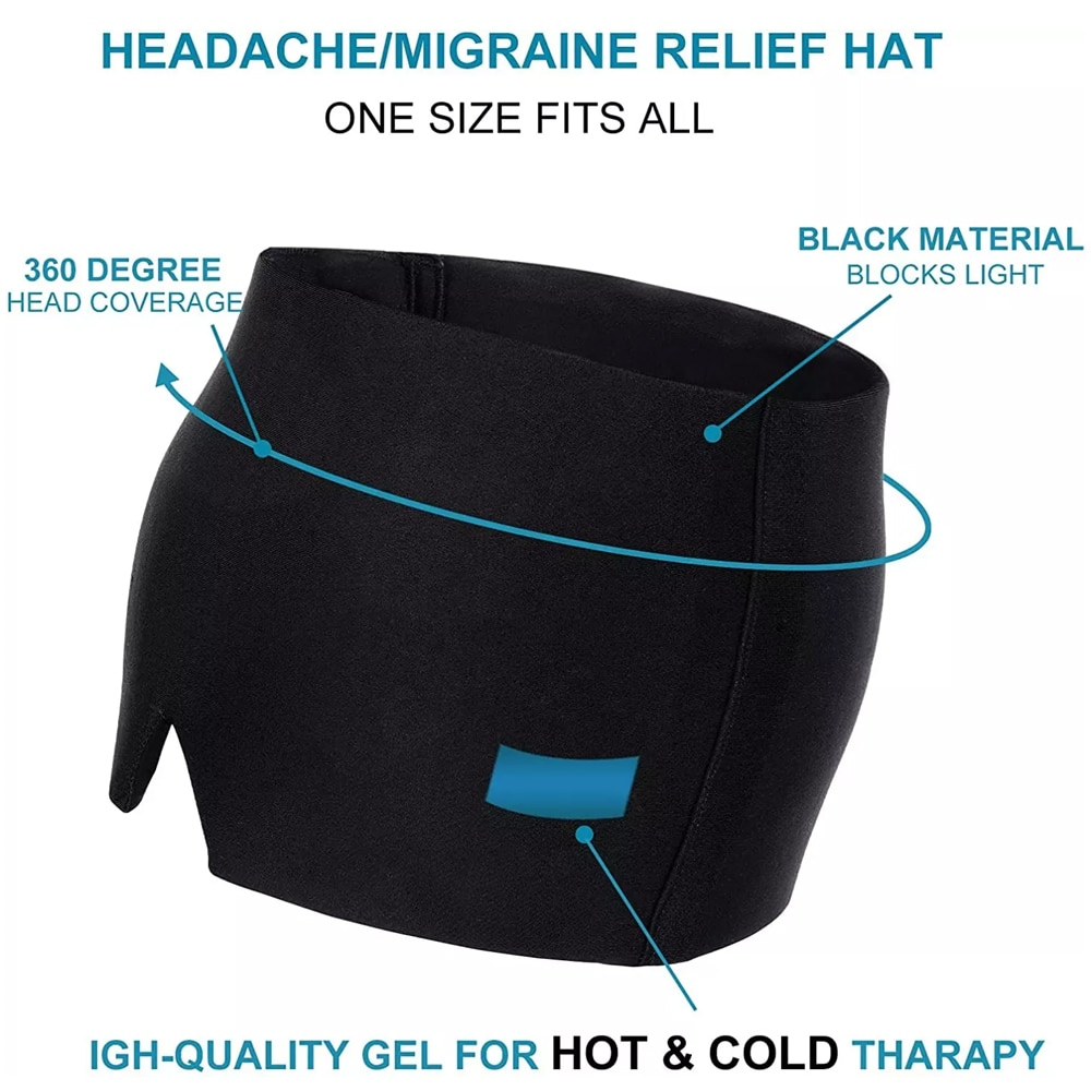 Black Fitlybuy migraine relief headband showing 360-degree coverage, light-blocking material, and hot/cold gel therapy.