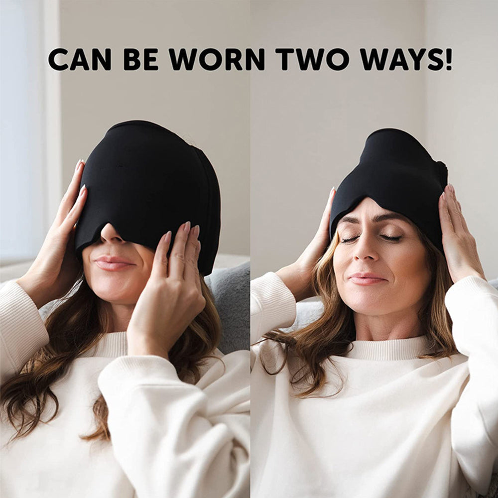 Fitlybuy black migraine relief headband shown worn two ways: covering eyes or as a traditional headband.