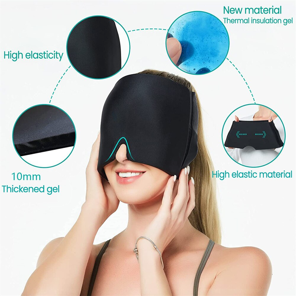 Fitlybuy black migraine relief headband with ComfortWave thermal gel, showing high elasticity and 10mm thickness.