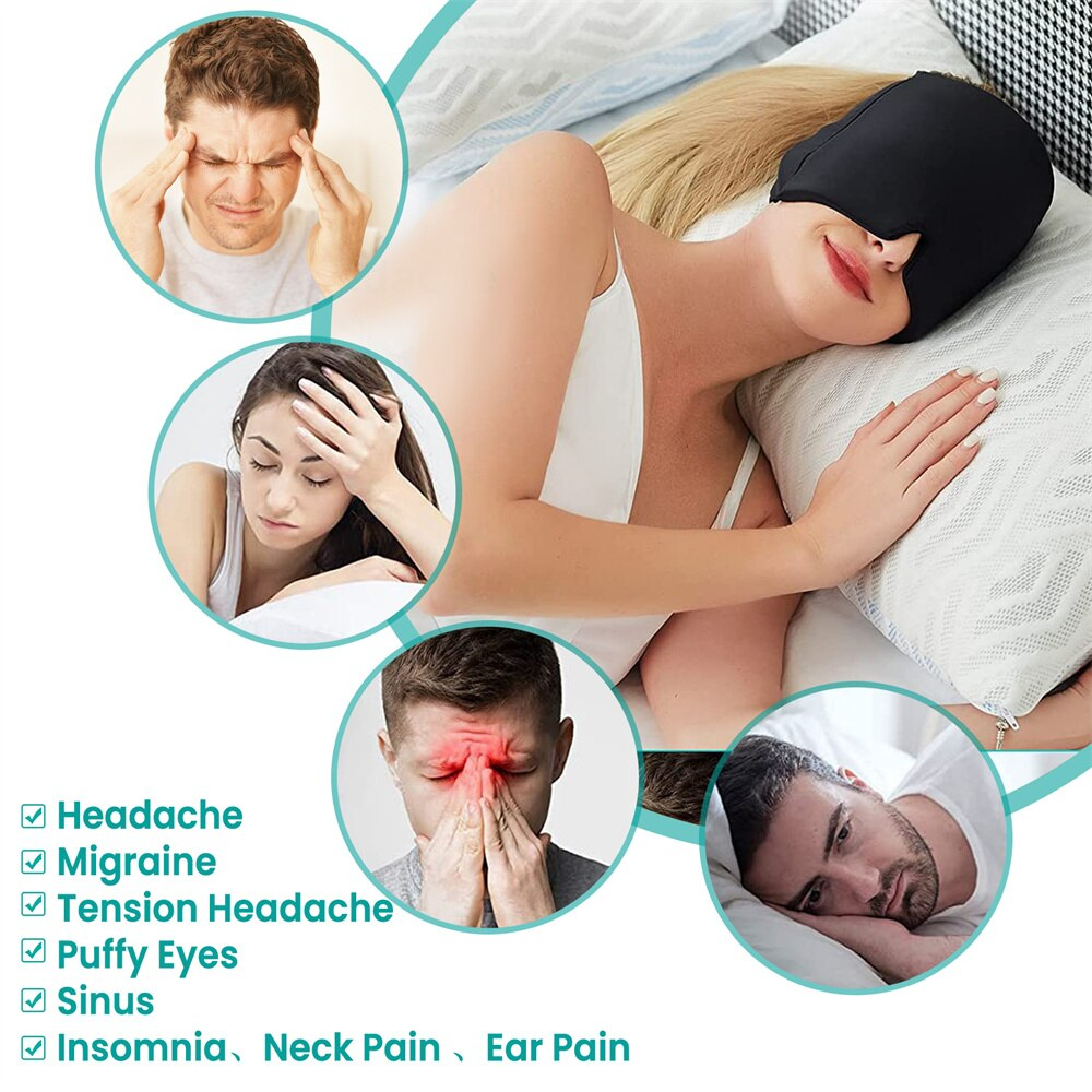 Fitlybuy black migraine relief headband with ComfortWave tech, shown in use for headaches, puffy eyes, and sinus relief.
