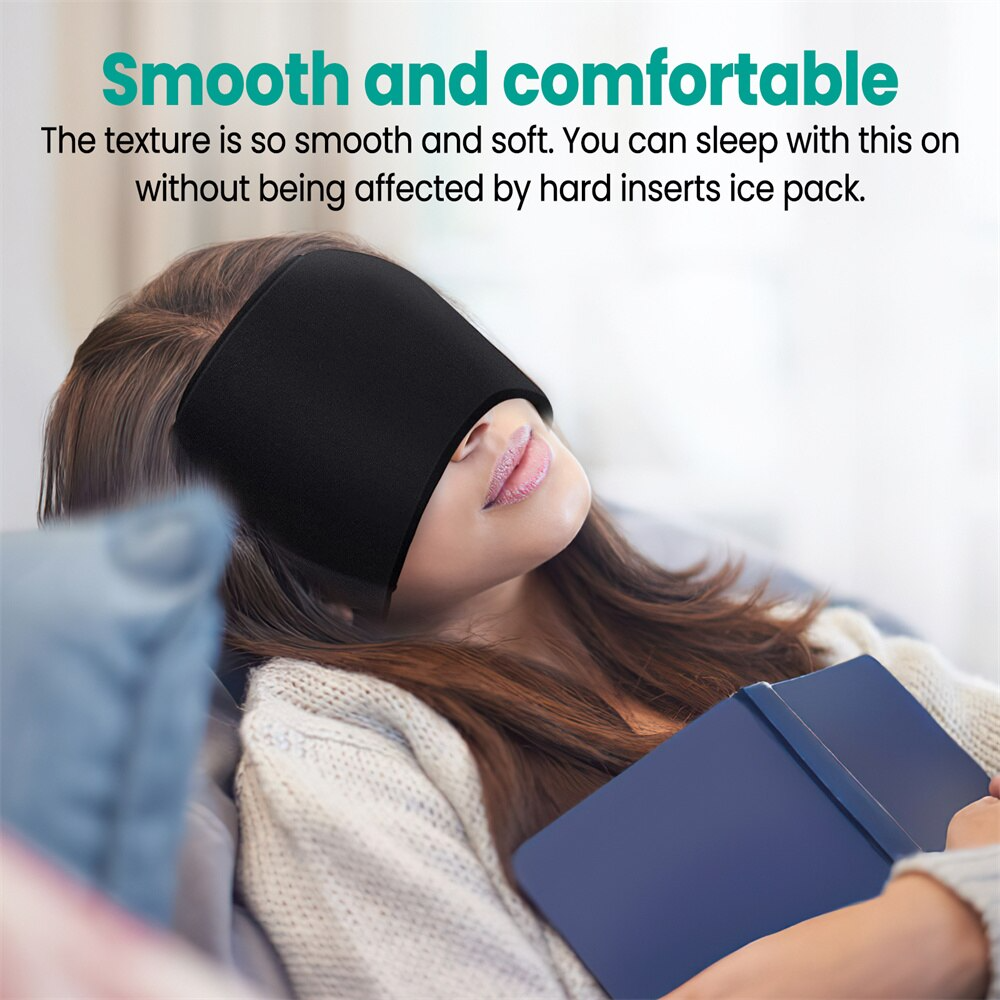 Woman relaxing wearing a soft, black Fitlybuy migraine relief headband with ComfortWave technology.