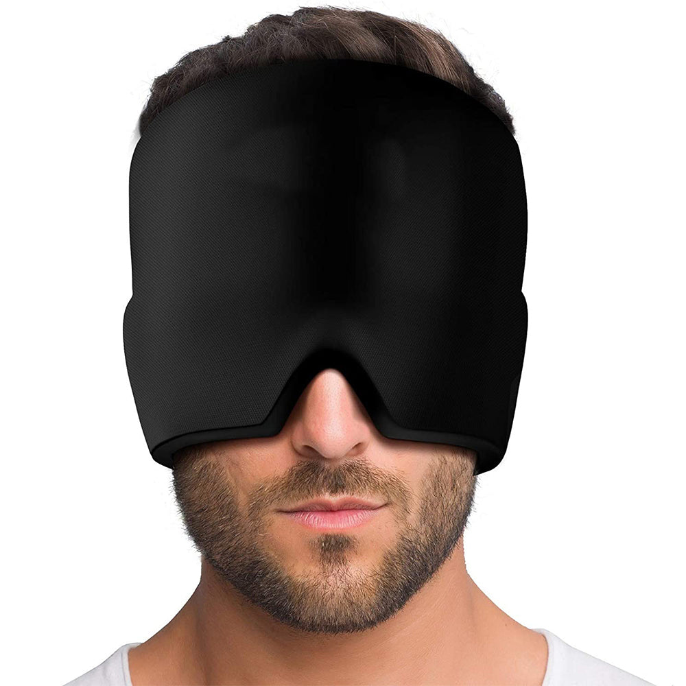 Man wearing black Fitlybuy migraine relief headband with ComfortWave technology covering eyes for cooling therapy.