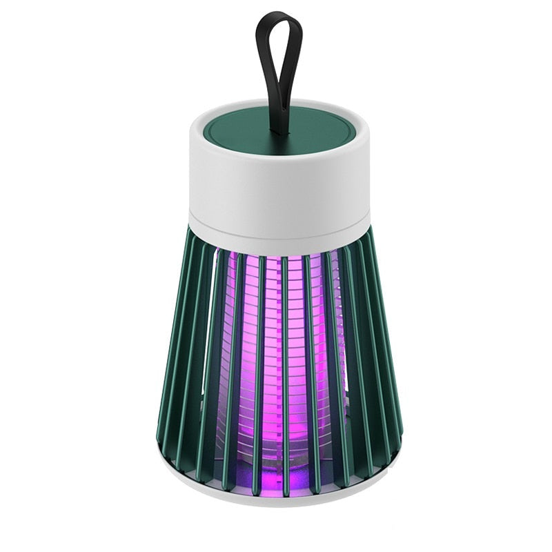 Fitlybuy portable mosquito trap lamp with a green and white design, purple UV light, and a black hanging loop.
