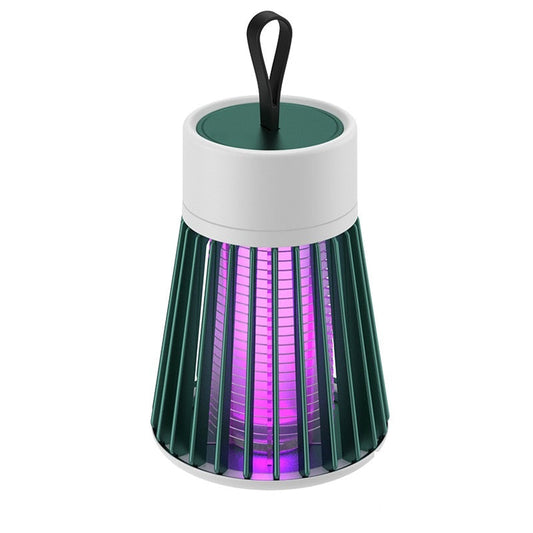 Fitlybuy portable mosquito trap lamp with a green and white design, purple UV light, and a black hanging loop.