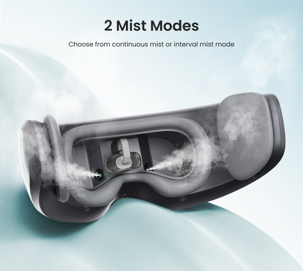 Fitlybuy Eyeris Caligo black eye massager emitting soothing mist with two selectable modes for relaxation.
