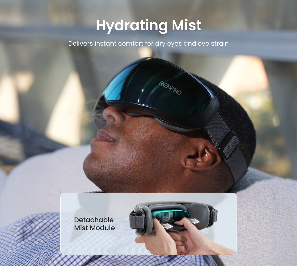 A person wears a black Fitlybuy Eyeris Caligo eye massager with mist, featuring heat, vibration, and a mist module.