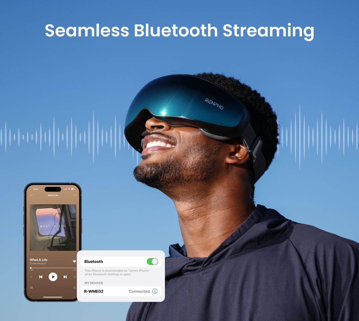Man wearing dark blue Eyeris eye massager with heat and vibration, shown connecting via Bluetooth on a smartphone.