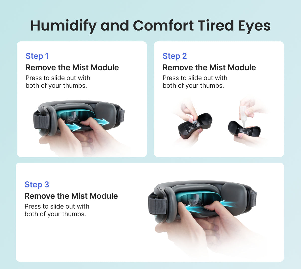 Fitlybuy Eyeris Caligo eye massager: 3-step instructional guide on how to remove and refill the device's mist module.