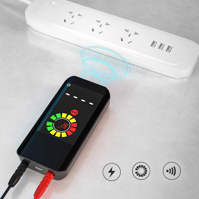 Fitlybuy smart digital multimeter detects voltage in a power strip, showing NCV data on a sleek black screen.