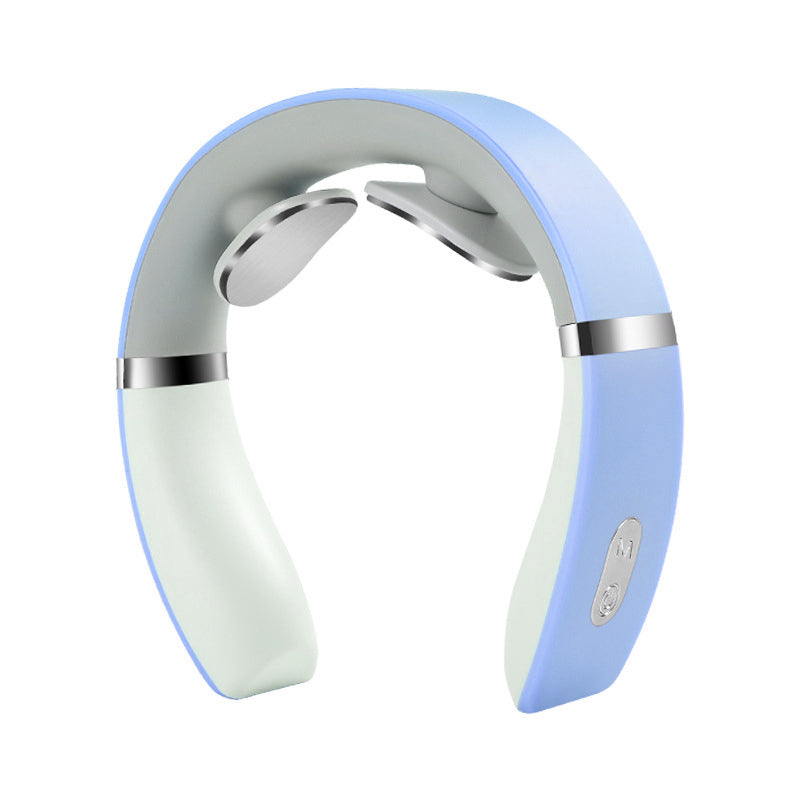 Fitlybuy light blue, U-shaped neck massager with two silver contact pads for electro-pulse vibration therapy.