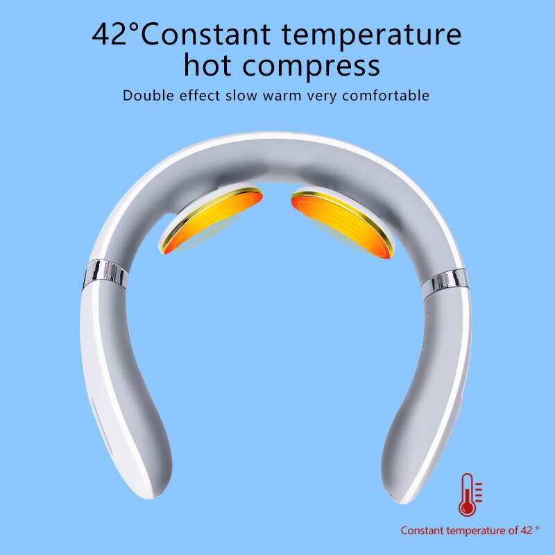 White Fitlybuy ElectroPulse neck massager featuring two glowing, heated massage pads against a light blue background.