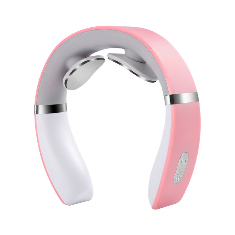 Fitlybuy pink and white U-shaped electric neck massager with two metal contact pads and side control buttons.