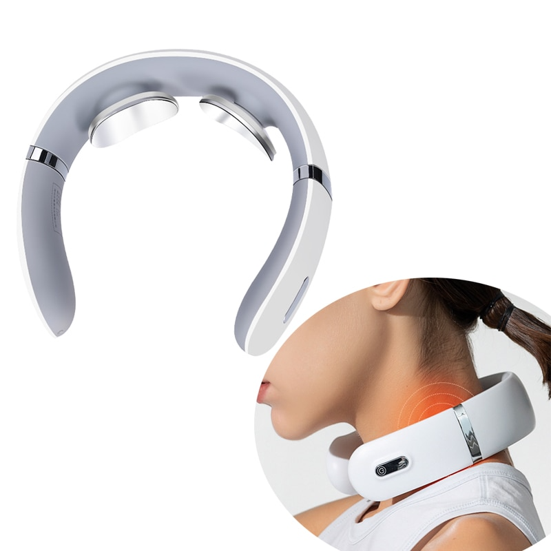 Fitlybuy white neck massager with two metal contact pads, shown worn by a person with a glowing heat indicator.