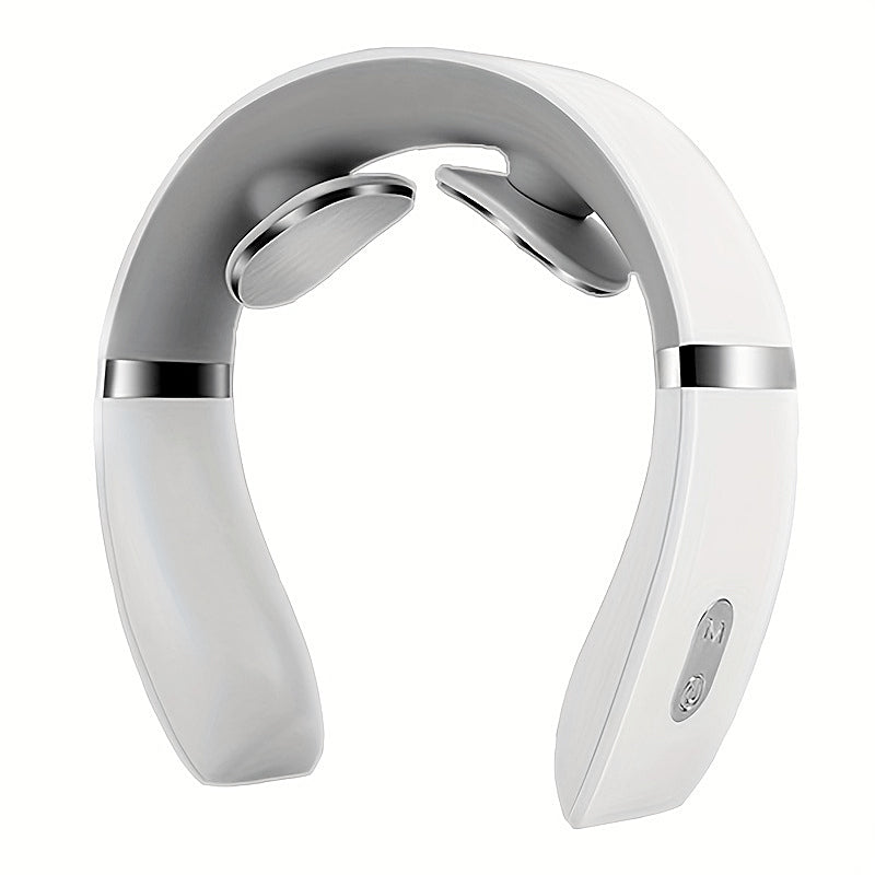 White Fitlybuy ElectroPulse neck massager with two silver contact pads and control buttons on a U-shaped frame.