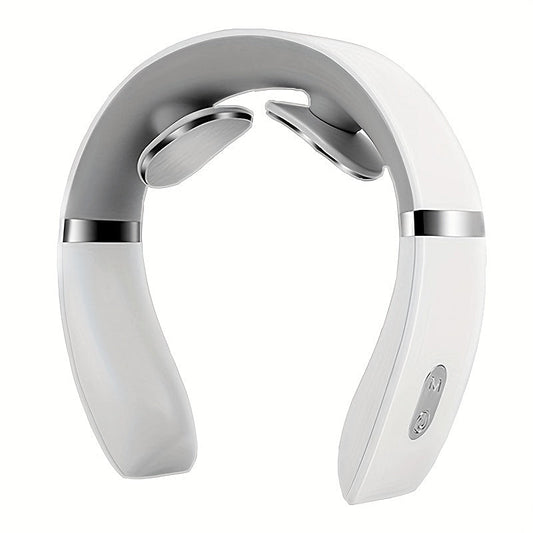 White Fitlybuy ElectroPulse neck massager with two silver contact pads and control buttons on a U-shaped frame.