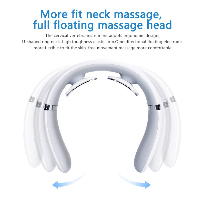 Fitlybuy white U-shaped neck massager with flexible elastic arms and floating electrode massage heads.