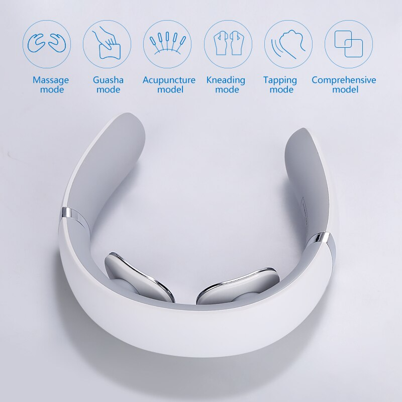 White Fitlybuy ElectroPulse neck massager with silver nodes and six massage mode icons above it.