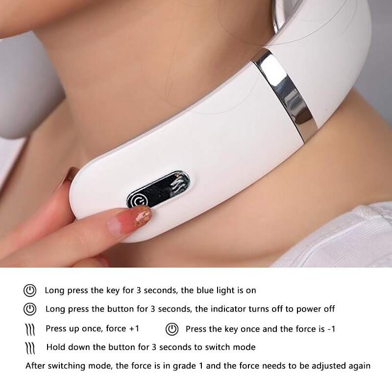 A person wears a white, U-shaped Fitlybuy ElectroPulse neck massager with metallic buttons around their neck.