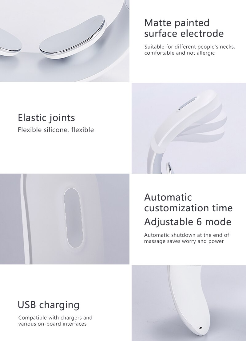 Fitlybuy white neck massager with metallic electrodes, elastic joints, 6 massage modes, and USB charging.