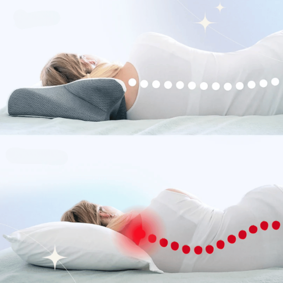 Fitlybuy memory foam neck therapy pillow showing aligned spine vs. standard pillow causing neck and back pain.