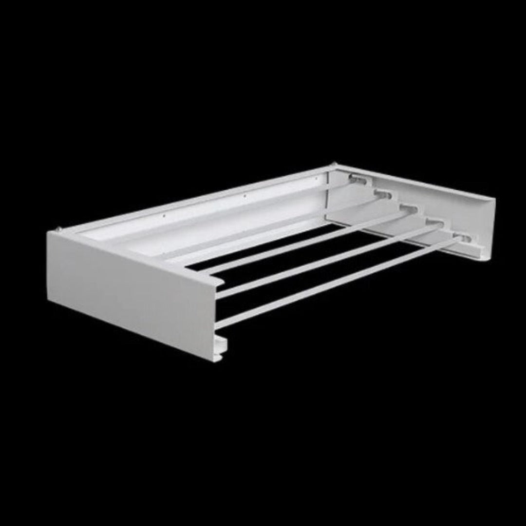 White Fitlybuy wall-mounted, foldable laundry drying rack with horizontal rods, shown on a plain black background.