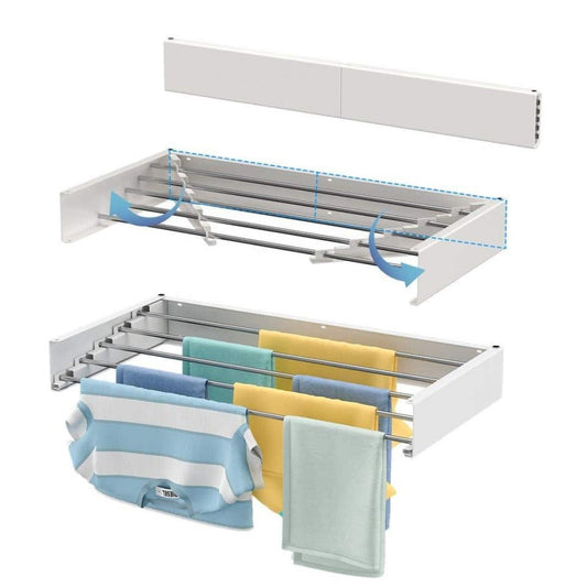 Fitlybuy white, foldable, wall-mounted drying rack with extendable silver metal rods holding laundry.