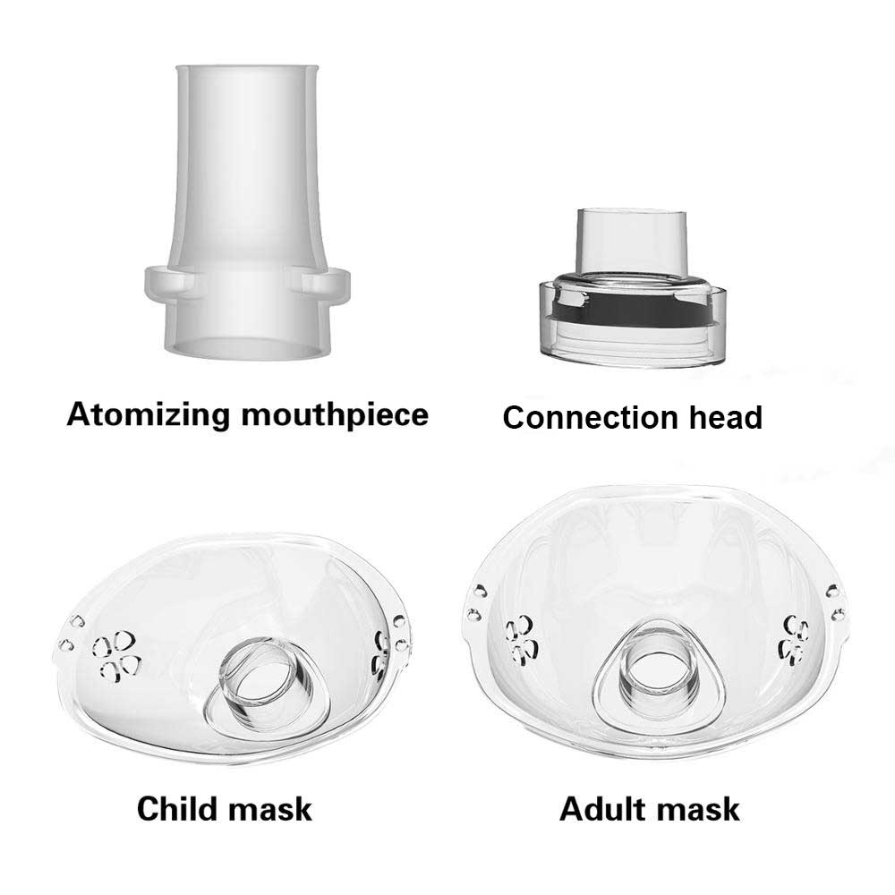 Fitlybuy nebulizer accessories: transparent mouthpieces, connection head, and child and adult masks on white background.