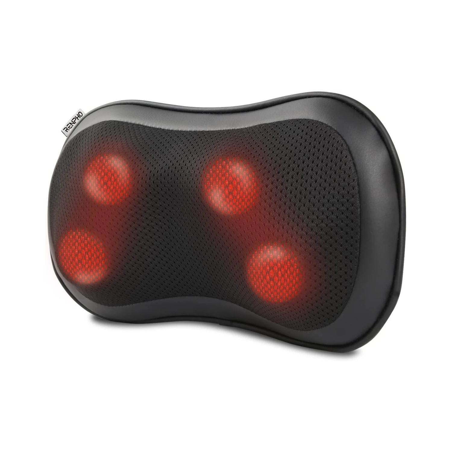 Black Fitlybuy RelaxMax massage pillow with mesh center, four glowing red heat nodes, and Renpho branding on the side.