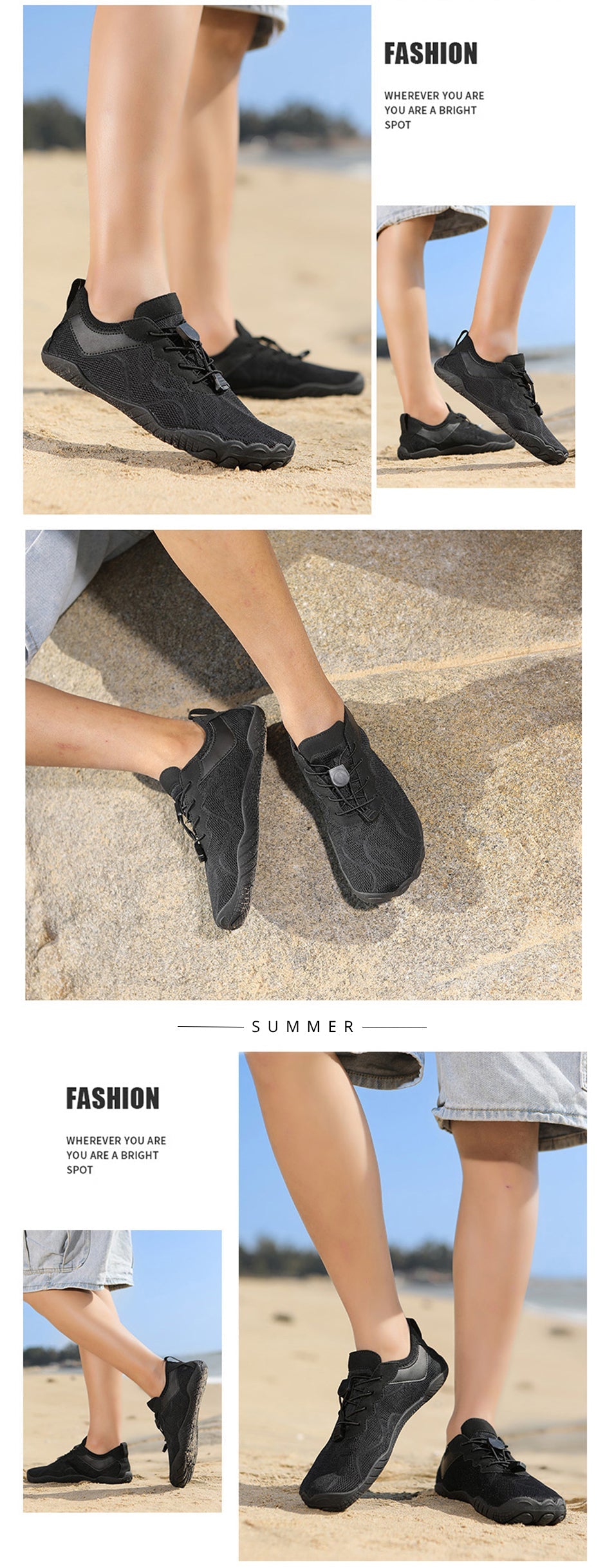 Fitlybuy AquaStep black non-slip barefoot water shoes with quick-dry mesh and toggle laces, worn on a beach.
