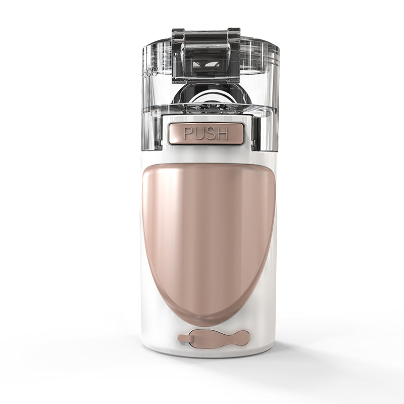 Fitlybuy portable white and rose gold nebulizer with a clear top and push-button release on a clean white background.