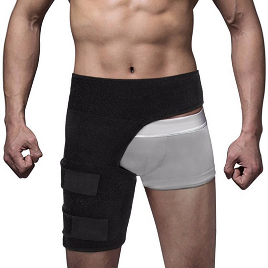 Black Fitlybuy orthopedic hip brace with adjustable Velcro straps worn on a man's right hip for stabilization.