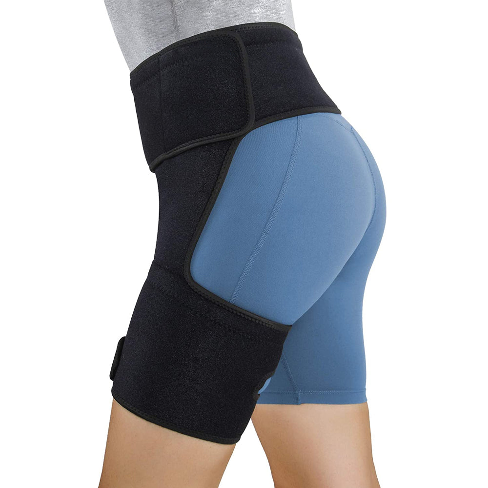 Fitlybuy black orthopedic hip brace with adjustable Velcro straps, worn over blue athletic shorts for added support.