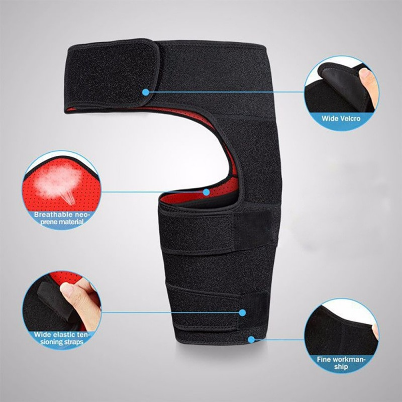 Fitlybuy black orthopedic hip brace with red interior, featuring breathable neoprene, Velcro, and elastic tensioning straps.