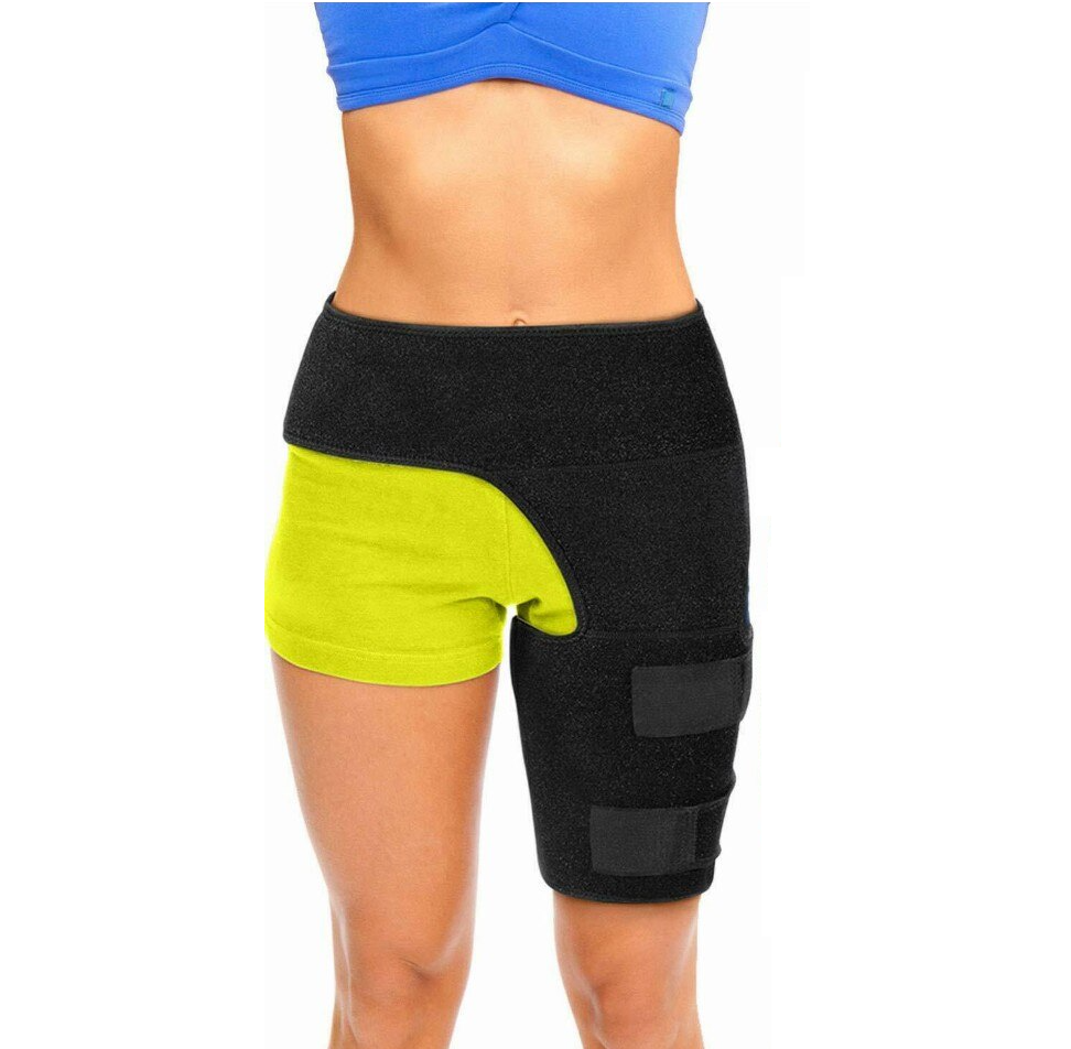 Fitlybuy orthopedic hip brace in black with dual adjustable straps, worn over yellow shorts for hip and thigh support.