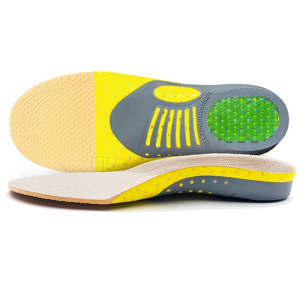 Fitlybuy orthotic gel insoles with yellow/grey arch support, green heel cushion, and fabric top, shown from two angles.