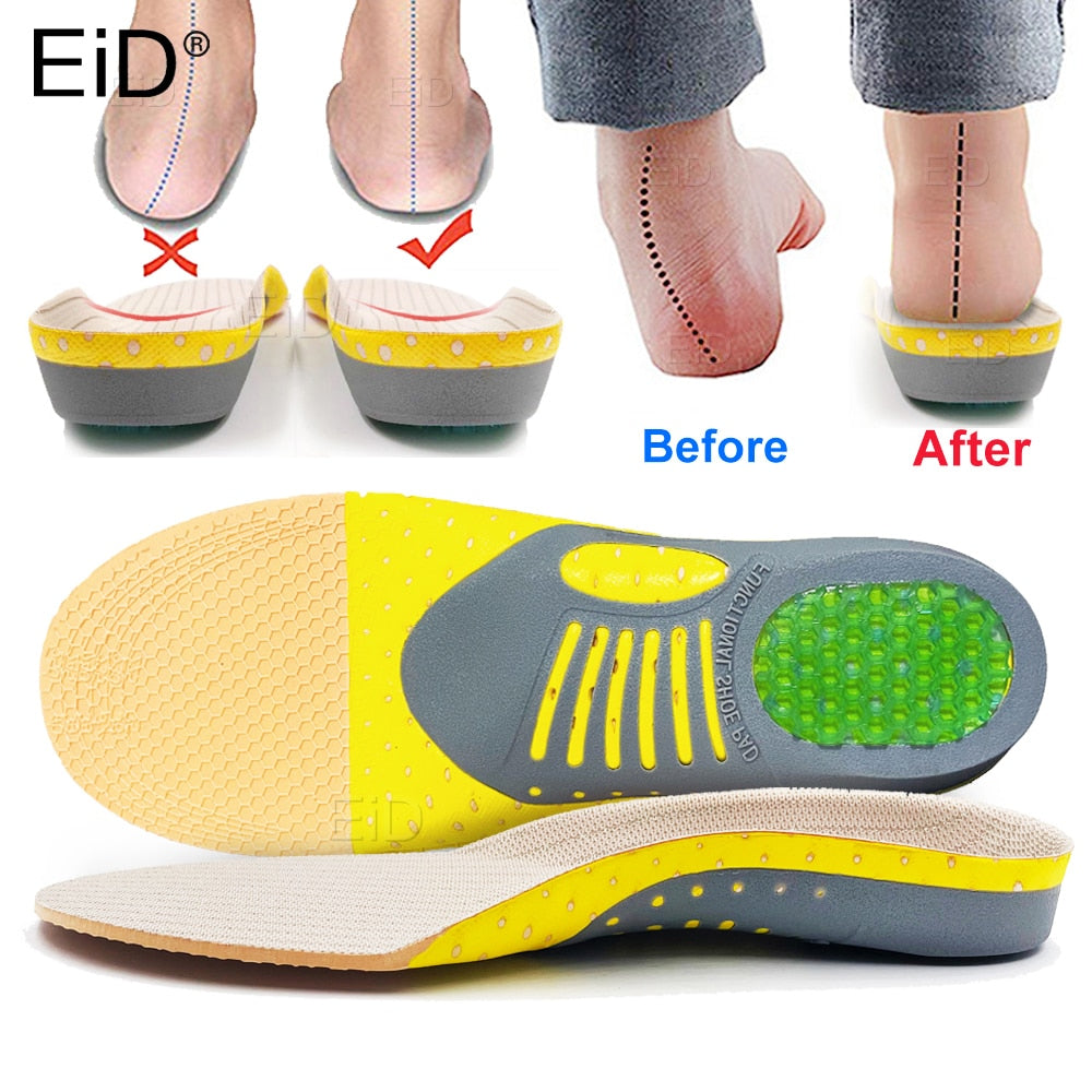 Fitlybuy orthotic gel insoles with arch support, yellow and grey with green heel cushion, showing corrective before/after.