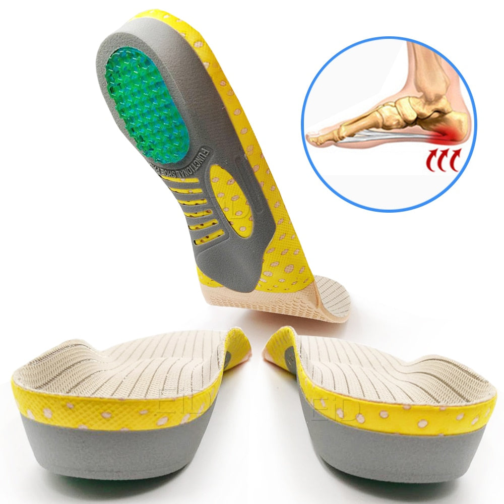 Fitlybuy yellow and grey orthotic gel insoles with ComfortFlex support and a heel-pain relief anatomical diagram.
