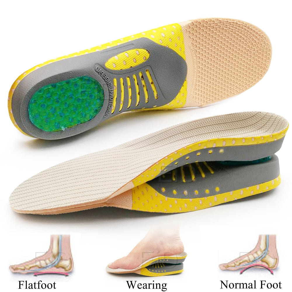 Fitlybuy orthotic gel insoles with yellow and grey support, shown with diagrams for flat and normal foot arches.