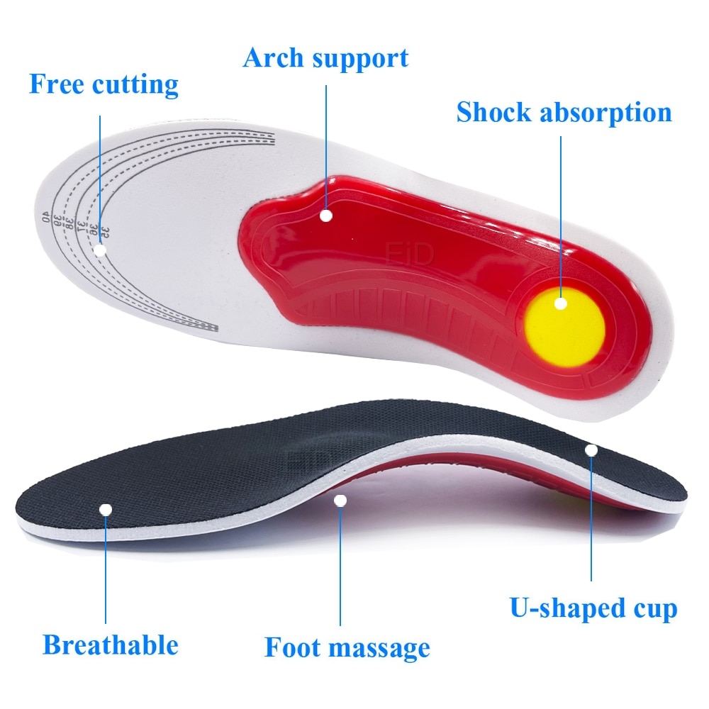 Fitlybuy orthotic gel insoles with arch support, shock-absorbing yellow pad, breathable top, and U-shaped heel cup.