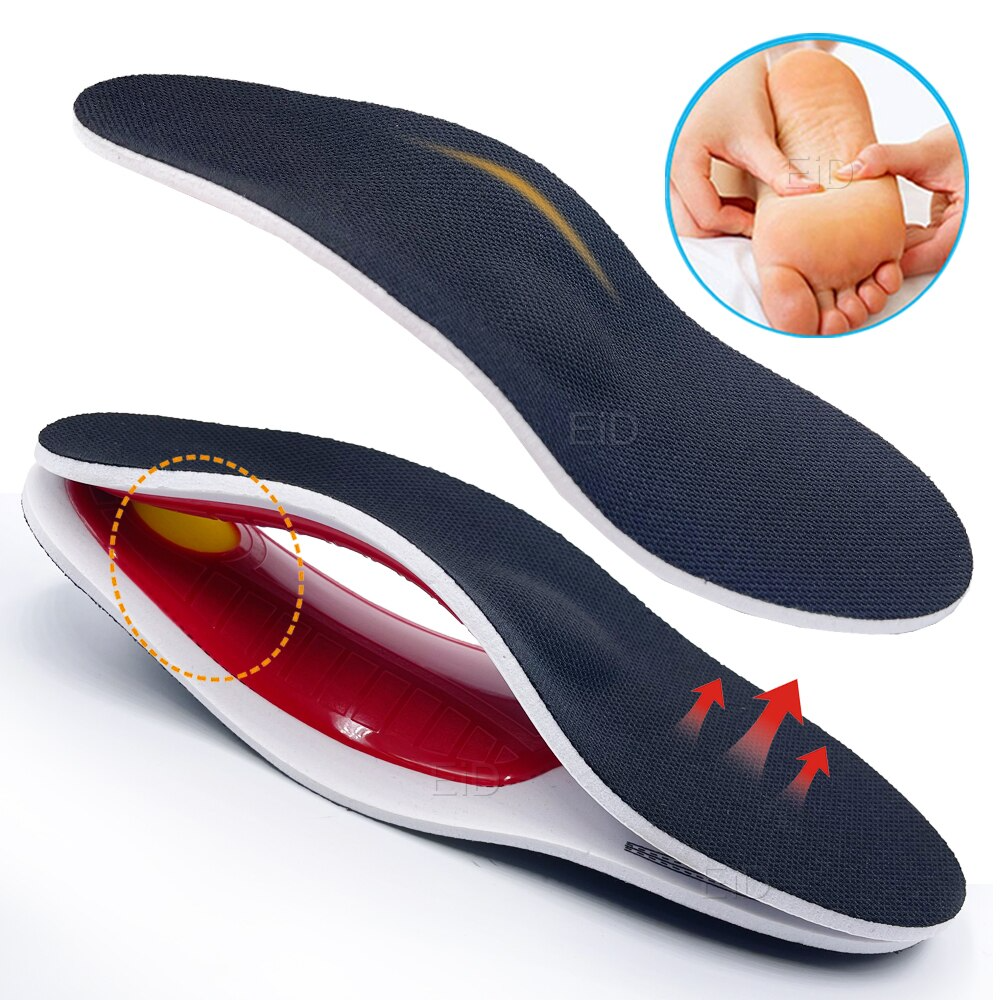 Fitlybuy black and red orthotic gel insoles with arch support, showing a foot massage inset for plantar fasciitis relief.