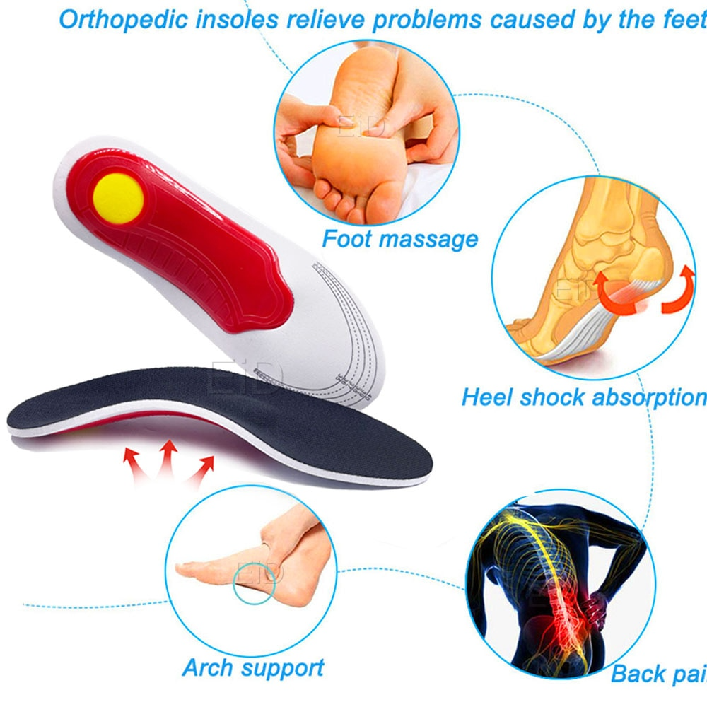 Fitlybuy orthotic gel insoles with ComfortFlex support, shown with diagrams for arch support and heel shock absorption.