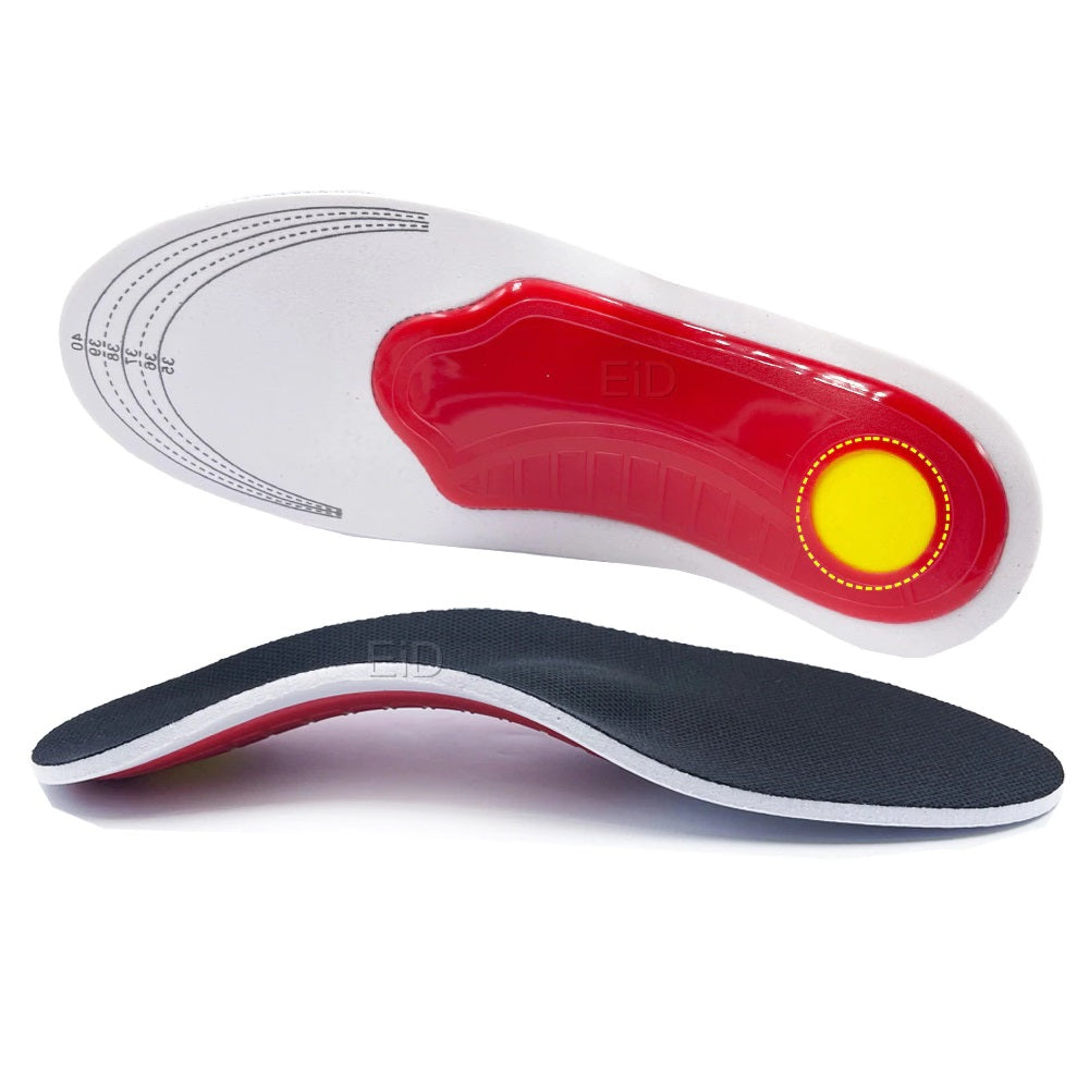 Fitlybuy orthotic gel insoles with arch support, featuring red gel, yellow heel cushion, and black fabric top layer.